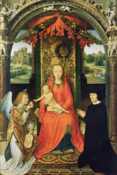 Madonna and Child with Donors and an Angel, Central Panel of a Triptych, 1485-90 by Hans Memling