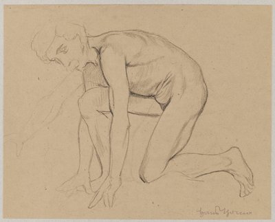Nude Man with Mustache, Kneeling, Shown in Profile by Hans Thoma