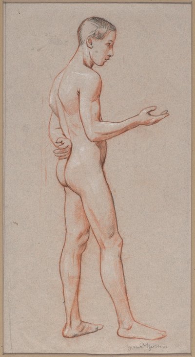 Nude Youth with Outstretched Arm, Standing in Profile by Hans Thoma