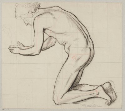 Naked Youth Kneeling by the Spring and Scooping Water with Hands by Hans Thoma