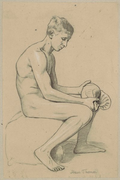 Naked Youth with Shell Sitting on a Stone by Hans Thoma
