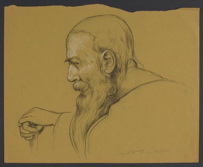 Bust of an Old Man with a Long Beard Leaning on a Cane, Shown in Profile by Hans Thoma