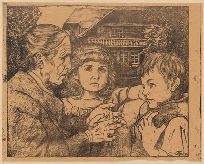 Old Woman Telling Stories to Two Children Against the Background of a Black Forest House by Hans Thoma