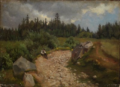 Rocky Path at the Forest Edge with Seated Man by Hans Thoma