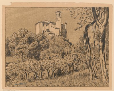 View of St. Nicholas the Wonderworker Church on the Hill in Gardone Riviera by Lake Garda, Lombardy by Hans Thoma