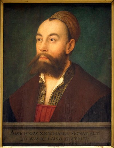 Portrait of the Banker Anton Fugger (1493-1560) (in the text: Represented as He Was at the Age of 31 Years and 10 Months) - Painting by Hans Maler (1480-1526 or 1529), Oil on Canvas, circa 1525 - German Art 16th Century - Musee des Beaux Arts by Hans or Johan Maler