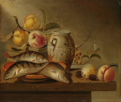 Still Life with Earthenware Jar, Fish and Fruit by Harmen Steenwijck