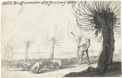 Shepherd with staff, standing next to sheep and willows by Harmen ter Borch