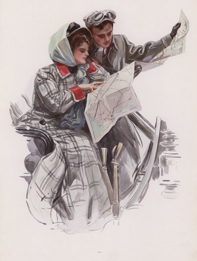 Man and Woman Reading a Map in a Car by Harrison Fisher