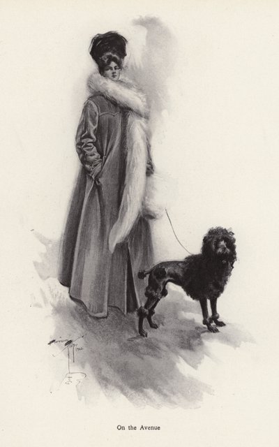 Woman in a long coat with a poodle by Harrison Fisher