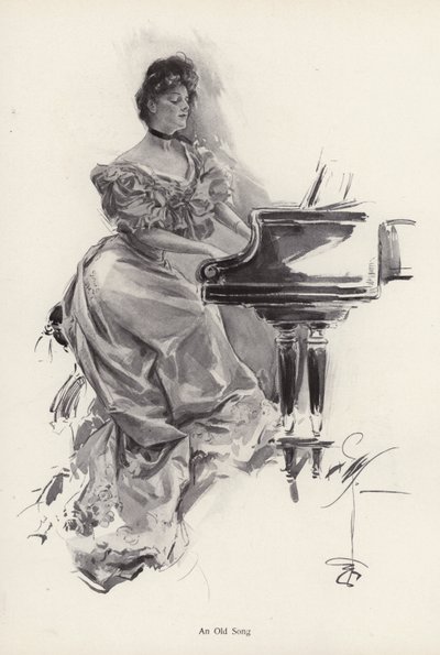 Woman playing a song on a piano by Harrison Fisher