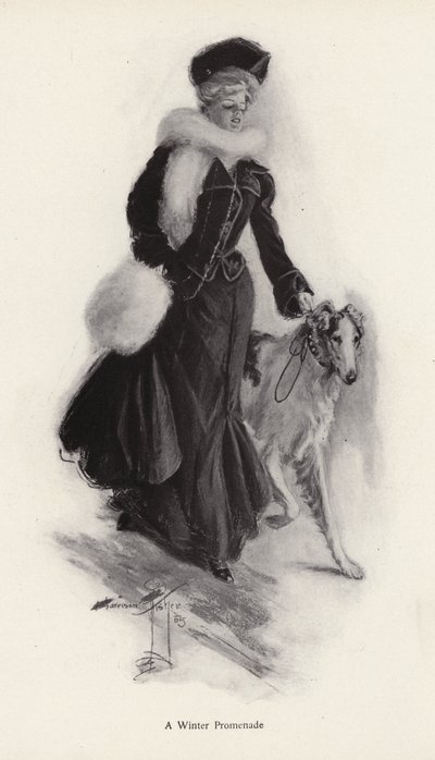Woman walking her rough collie dog in the winter by Harrison Fisher