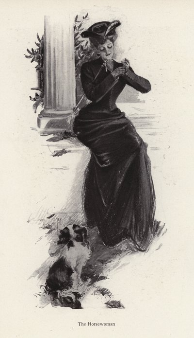 Young woman and her dog waiting to go horse riding by Harrison Fisher