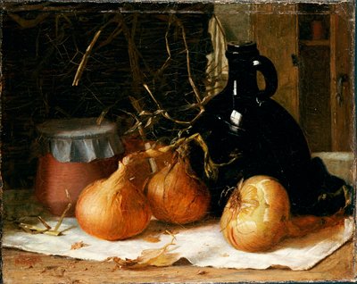 Onions, a Jug and a Ceramic Pot on a Tablecloth by Harry Brooker