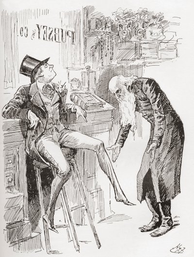 Fledgeby and Mr. Riah in the Counting House. "Perched on the Stool with His Hat Cocked on His Head and One of His Legs Dangling, the Youth of Fledgeby Hardly Contrasted to Advantage with the Age of the Jewish Man, with His Bare Head Bowed, and His Eyes On by Harry Furniss