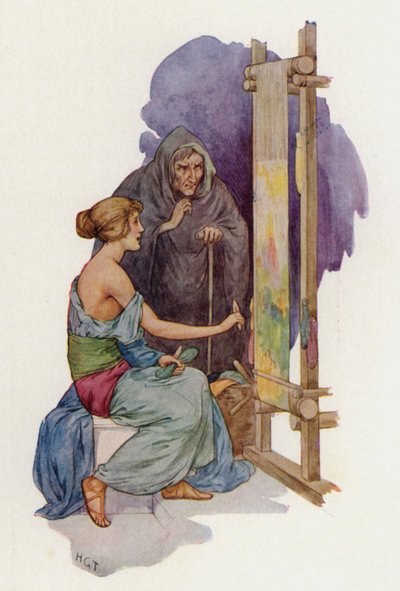 Arachne about to be turned into a spider by a disguised Minerva by Harry George Theaker