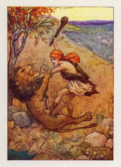 David caught the great beast and slew it by Harry George Theaker