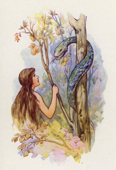 Eve stood looking at the Serpent in wonder by Harry George Theaker