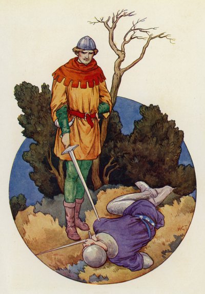 Robin struck home and with one great blow laid Guy of Gisborne dead by Harry George Theaker