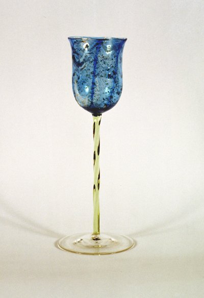 Glass Goblet with a Blue Streaked Bowl with Gold Inclusions, Made for Powell & Sons, Whitefriars, London, c.1895 by Harry James Powell