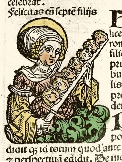 Representation of Saint Felicite, martyrdom in Rome with the heads of his seven children. Xylography of Hartmann Schedel 