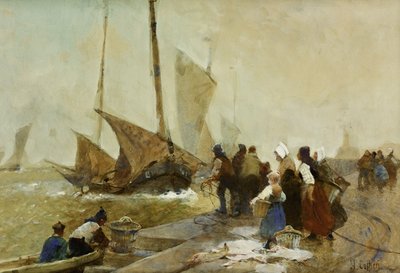 A Busy Quayside in Brittany with Fishing Boats Returning by Hector Caffieri