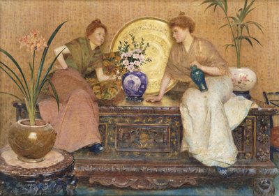 Two Ladies Sitting on a Chest by a Cairo Ware Tray and a Vase of Flowers by Hector Caffieri
