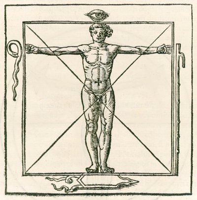 Man in a Square Surrounded by Symbols of the Eye, Snake, Seven Section Staff and Shield. Engraving from Heinrich Cornelius Agrippa von Nettesheim (1486-1535) De Occulta Philosophia Libri Tres by Heinrich Cornelius Agrippa von Nettesheim