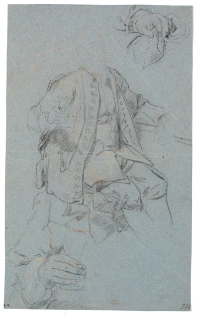 Study of a Seated Man (Head Only Suggested) and Two Detail Studies of Hands by Heinrich Dittmers