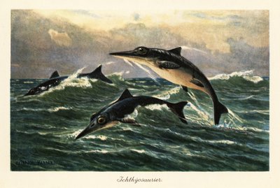 Extinct ichthyosaurs jumping above the ocean by Heinrich Harder