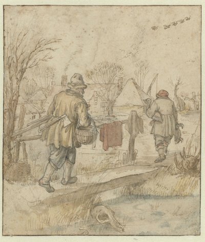 Return of the Duck Hunters / verso: Sketches of Ships and of a Man in Winter Clothing by Hendrick Avercamp