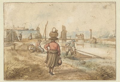 River Landscape with a Woman Carrying a Basket on her Head, Fishermen and Other Figures near the Walls of a Town by Hendrick Avercamp