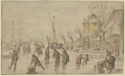 Winter Landscape, Many Skaters on the Ice, a Man Fastening Skates on a Woman on the Right by Hendrick Avercamp