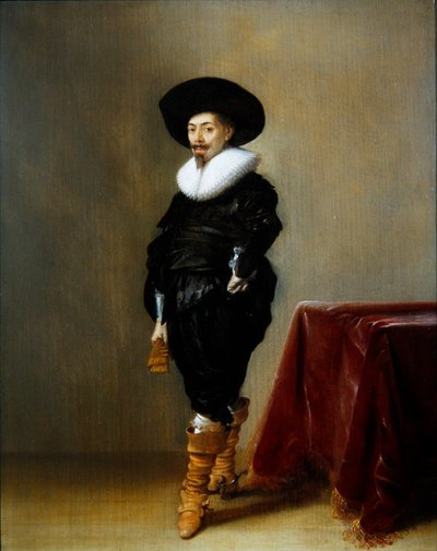 A portrait of a gentleman in a black costume with a ruff by Hendrick Gerritsz Pot