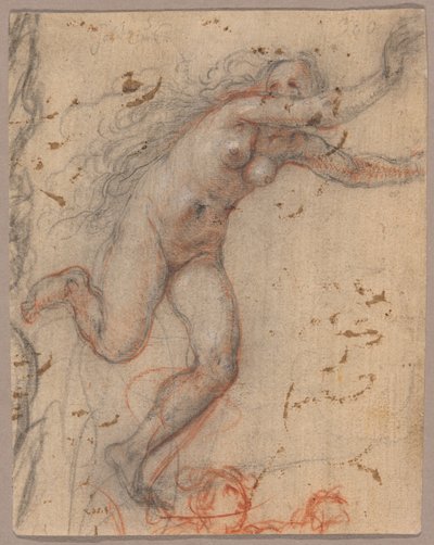 A Nude Female Figure Fleeing to the Right with Arms Outstretched, with Sketch of a Bust of Secondary Figure (recto); A Sketch of a Nude, Kneeling Female Figure, Supported by Another Standing (verso) by Hendrick Goltzius