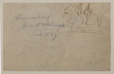 Annotation by a later hand. Sketch of a crouching figure and a rearing horse, 16th century by Hendrick van Cleve