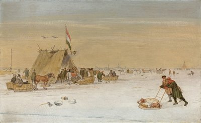 A Winter Landscape with Figures on the Ice by a Koek-en-Zopie Tent by Hendrik Avercamp