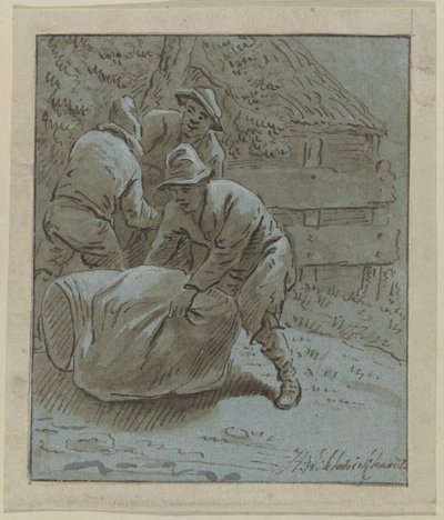 Three Men in a Landscape by a Lying Barrel and a Sack by Hendrik Willem Schweickhardt (signed by artist)