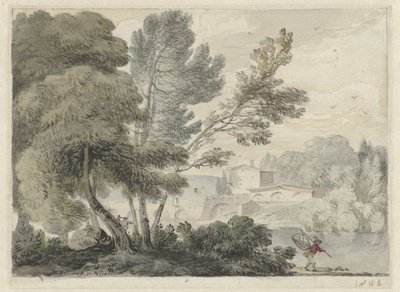 River landscape with a man with a dip net in the foreground by Hendrik van der Straaten (possibly)