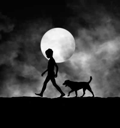 Moonlit Child and Dog by Hengki Lee