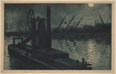 The Dredger of Dieppe, a Dredger in Dieppe Harbor by Moonlight by Henri-Charles Guérard