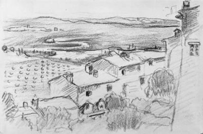 View from a Village over Fields and Meadows towards the Sea. Bormes-les-Mimosas by Henri Edmond Cross