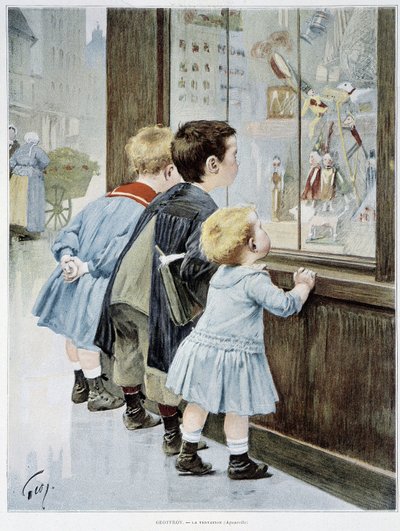 The Temptation: Children in Front of a Showcase Looking at Toys - Illustration by Geoffroy, in 