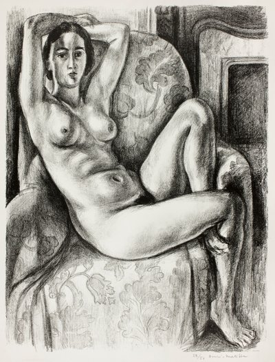 Nude with Blue Cushion Beside a Fireplace by Henri Matisse