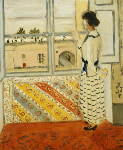 Young Woman at a Window, Blue Striped Dress by Henri Matisse