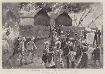 Fire at the Modykhana Plague Hospital, Nurses saving the Native Patients by Henry Charles Seppings Wright