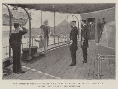 Lord Rosebery coming on Board HMS Caesar, at Naples, En Route for Malta, to meet the Lords of the Admiralty by Henry Charles Seppings Wright