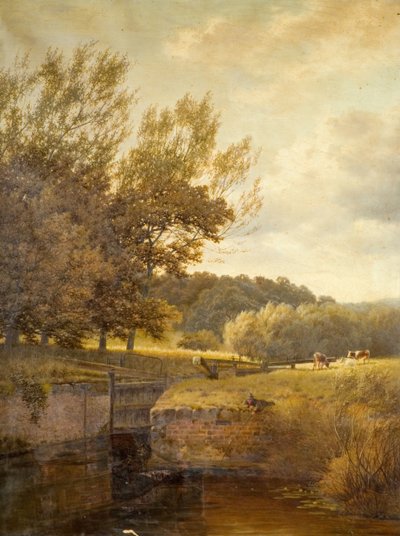 Wooded Landscape with Boy Fishing in a Lock by Henry Cheadle