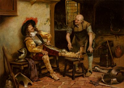 A Splendid Fit, a Man Being Fitted with Armour by Henry Gillard (after) Glindoni