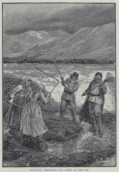 Peasants threshing out grain on the ice by Henry Sandham